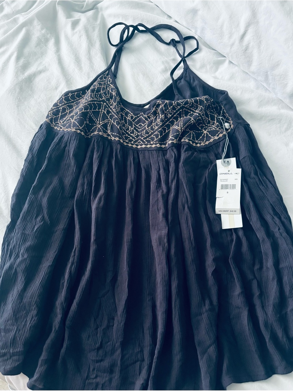 O'Neill Navy Halter Top with Tan Embroidery